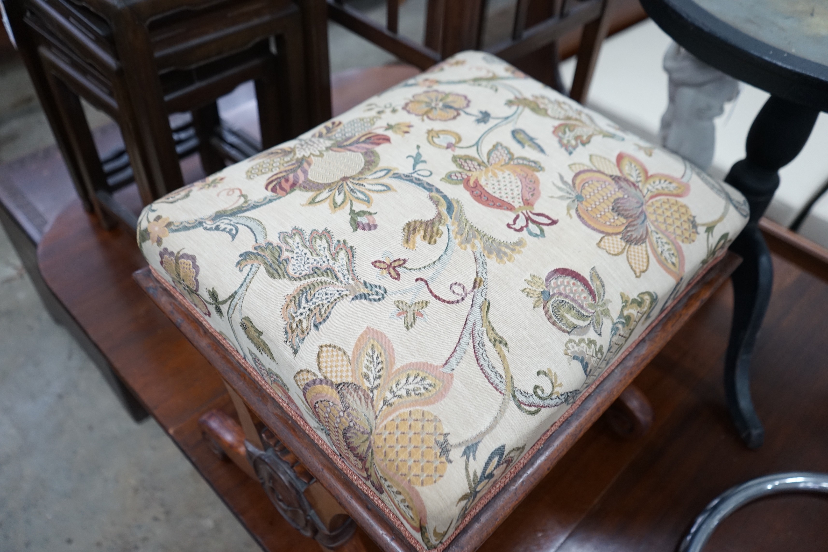 A Victorian rosewood X framed dressing stool, width 53cm, depth 44cm, height 46cm